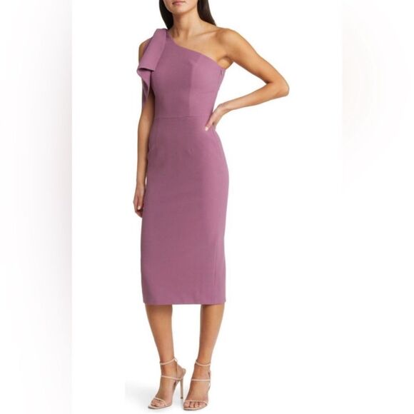 NWT DRESS THE POPULATION Tiffany One-Shoulder Midi Dress-L2 - Picture 1 of 4
